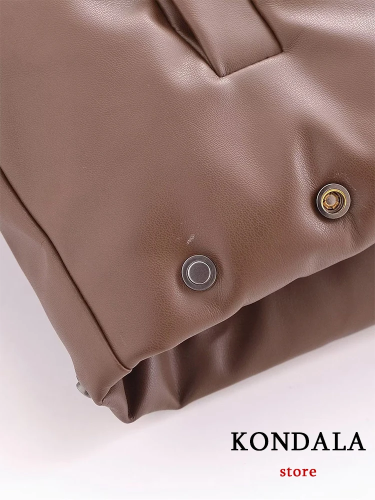 KONDALA Chic Casual Solid Brown PU Zipper Women Parka Jacket Fashion 2023 Vintage Streetwear Winter Down Coat Cool Warm Outwear