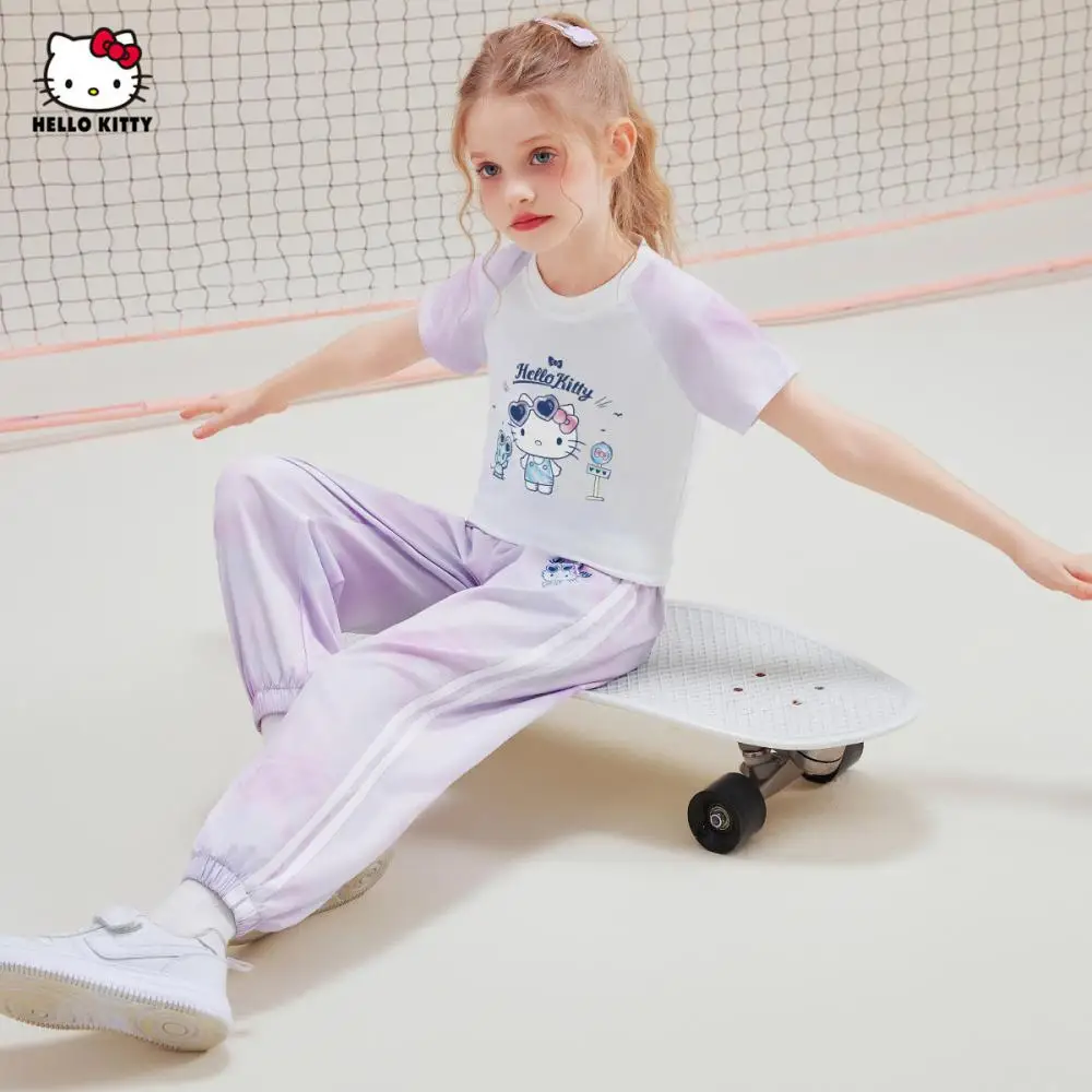 

Sanrio Hello Kitty штаны с короткими рукавами для девочек, футболка с градиентным принтом и кружевными кружевными брюками, детская летняя одежда