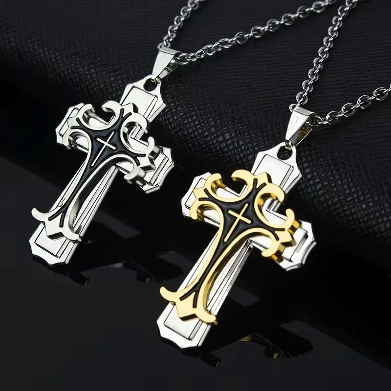 Retro Trendy Man Cross Necklace Men Golden Silver Side Zinc Alloy Cross-shape Pendant Necklace Vintage Jewelry Neck Decoration