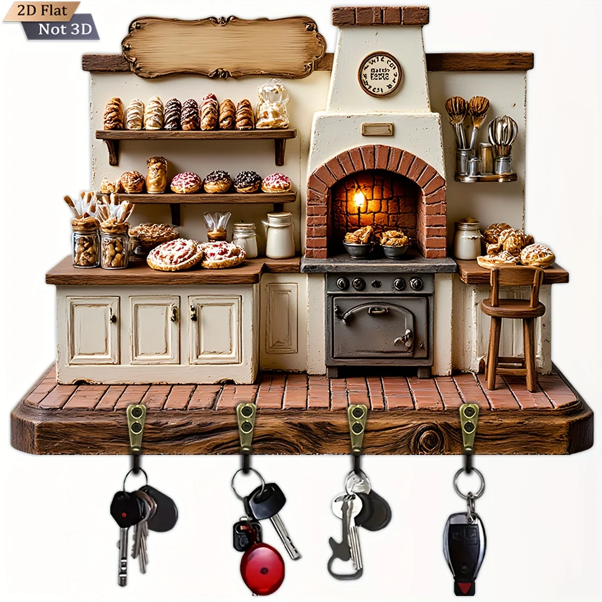 2D Flat, 1pc, bakery-style wooden multi-functional home key rack, with four metal hooks, wall decoration, porch decoration,