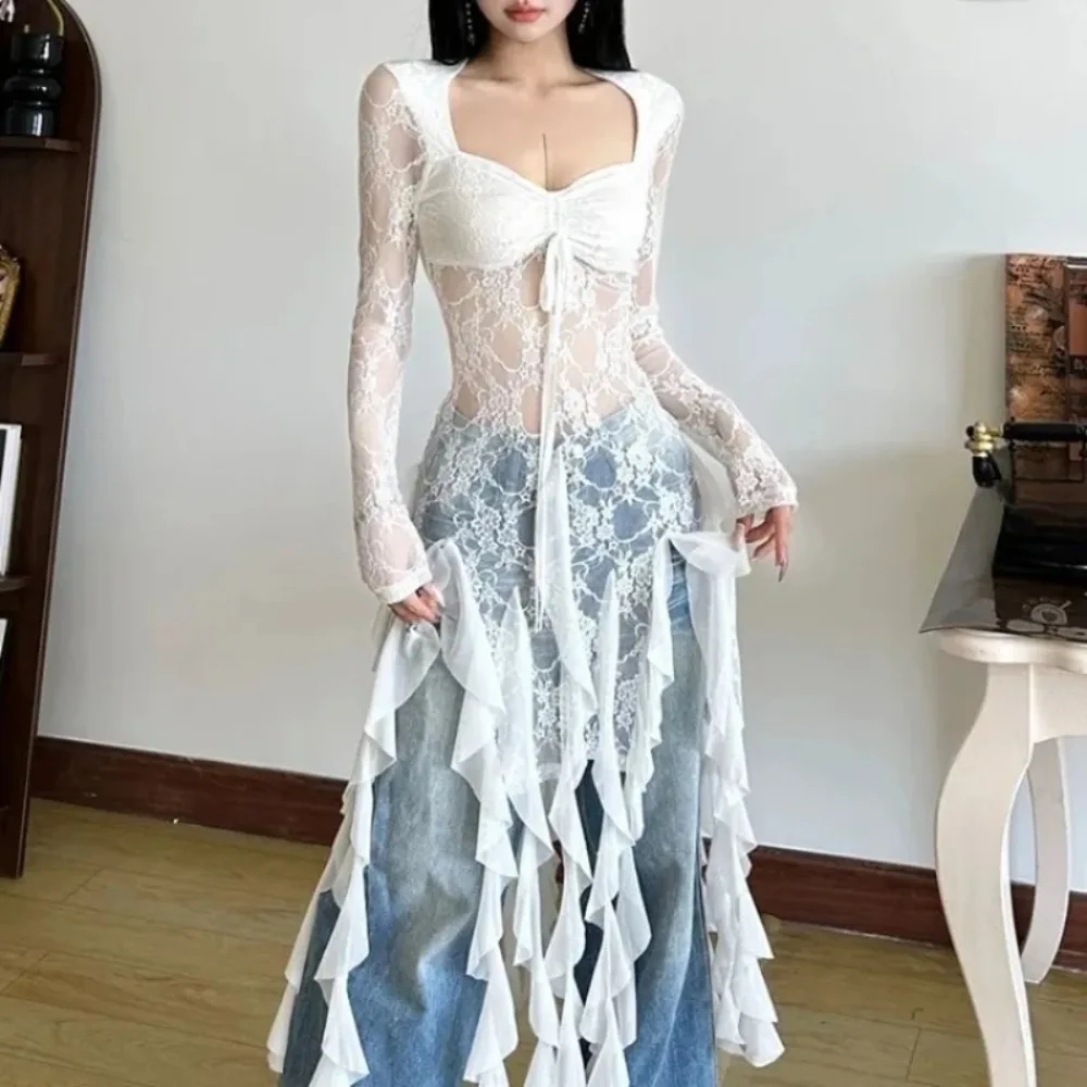 New Lace Ribbon Ropa mujer Sexy Mesh Roupas Feminina Square Collar Long Sleeve Woman Clothes Pure Desire Style Tops Camisetas