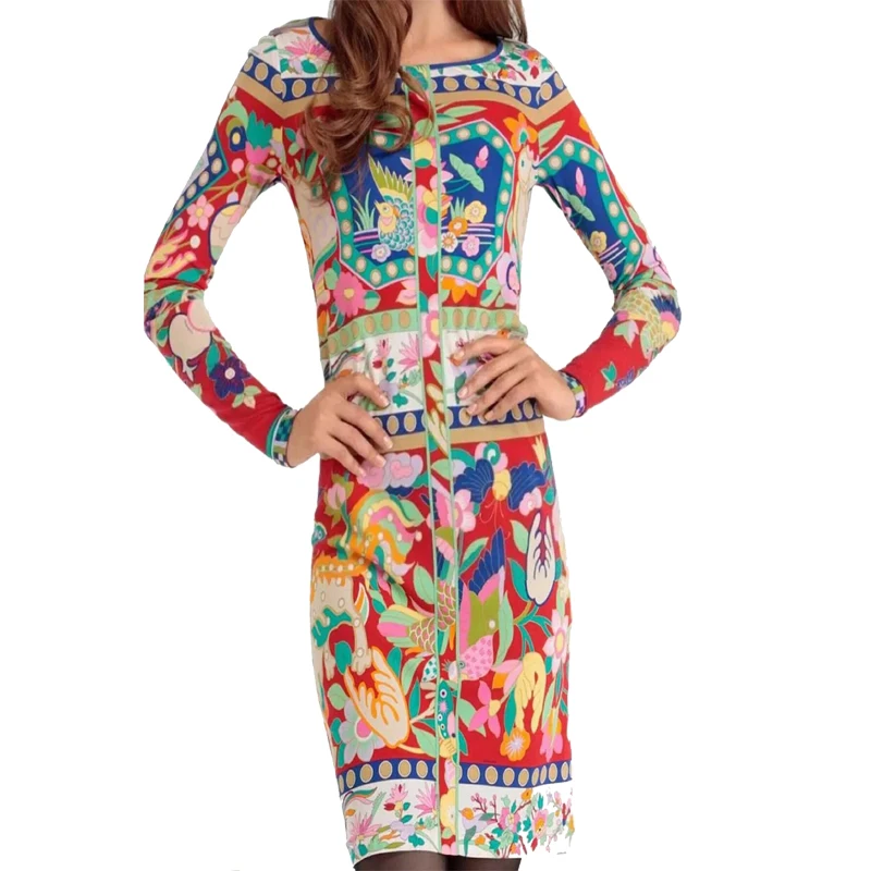

Ele Autumn Knitted Long Sve Floral round Ne Slim Fit Dr Street Sle Midi Dr Viscose Fiber Print Summer Dr