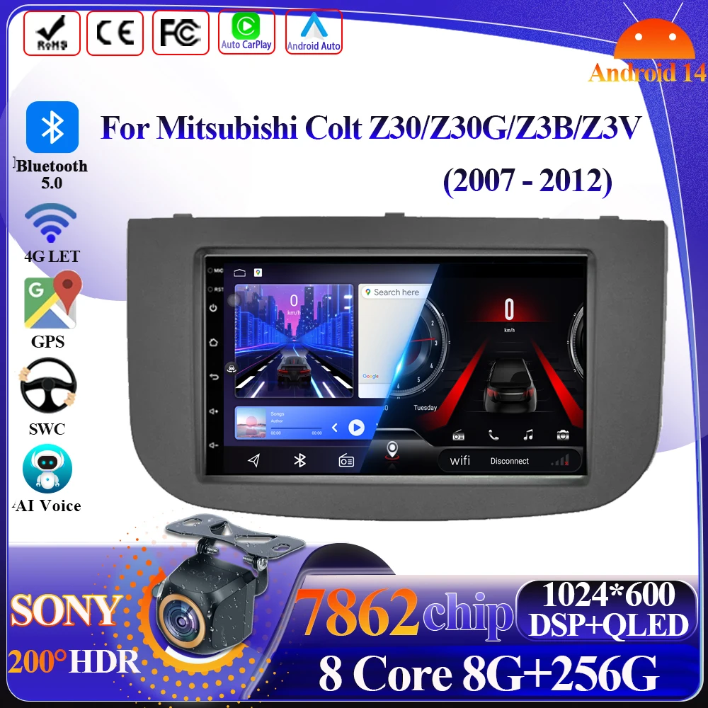 Android 14 Car Radio For Mitsubishi Colt Z30 Z30G Z3B Z3V 2007-2012 Wireless Carplay Head Unit Multimedia Player GPS 5G Display