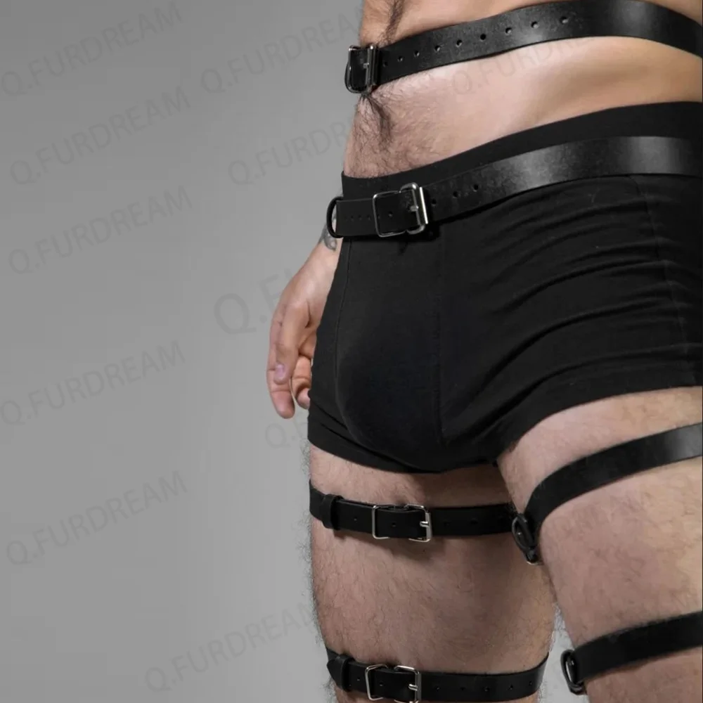 Sexy Men\'s Body Leg Harness Belts Pu Leather Adjustable Punk Style Belt for Cosplay Male Bondage Gay Party Fetish Costume