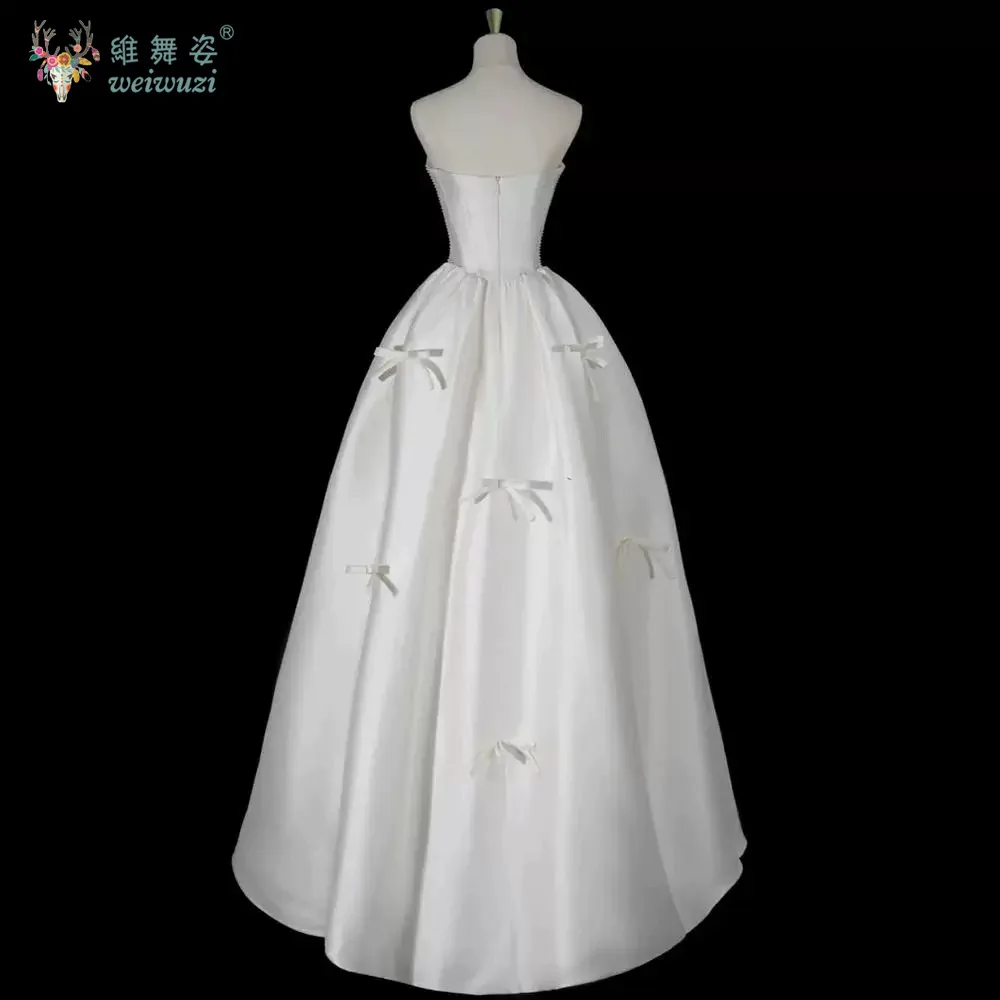 프랑스 스타일 새틴 a 라인 웨딩 드레스 간단한 Strapless 신부 약혼 드레스 Applique Bow Floor-Length Sweetheart 가운