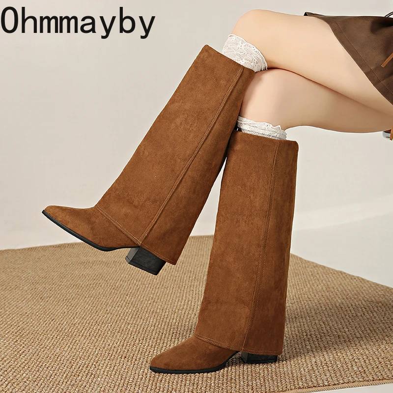 

Fashion Splicing Women Knee High Boots Square Heels Party Stripper Shoes Ladies Autumn Winter Pointed Toe Long Booties