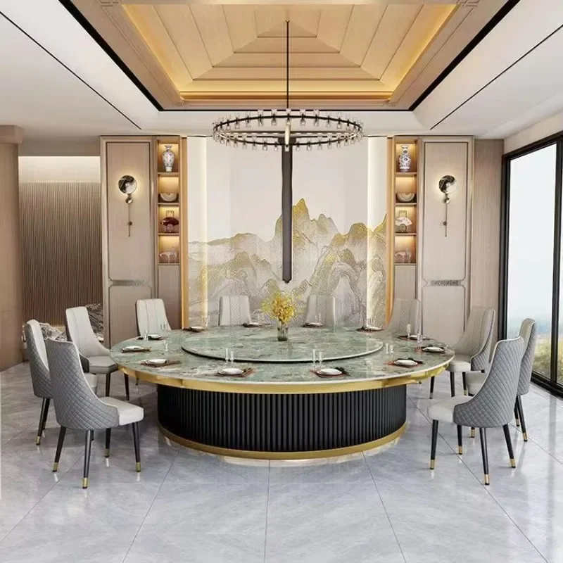 TAO New Chinese style solid wood large round table rock slab rotating electric turntable restaurant high-end dining table