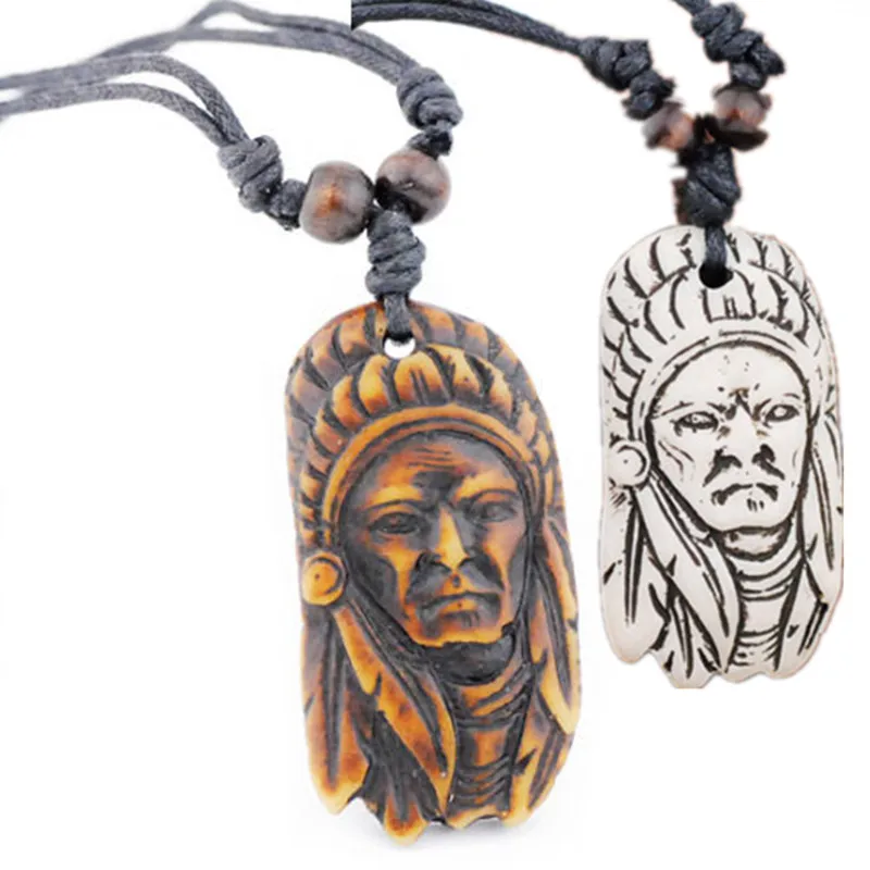 Hand Carved Imitation Yak Bone Carved Tribal Head Indian Chief Pendant Necklace Wood Beads Rope Adjustable Jewelry