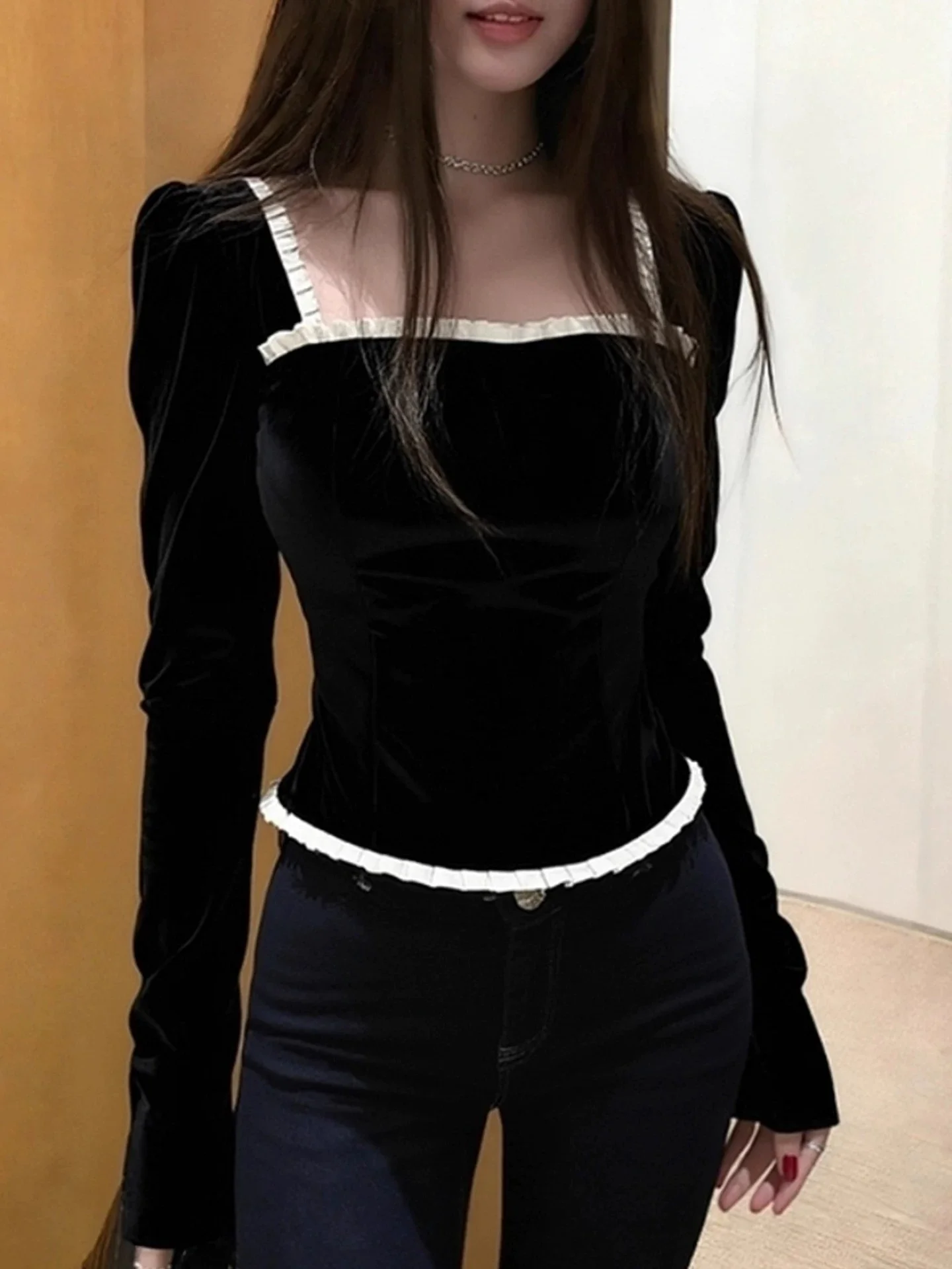 

plus Size Women's Velvet Trimmed Long Sve T-irt Square Collar Base Layer irt Inner Wear Top Commute Sle Korean Version