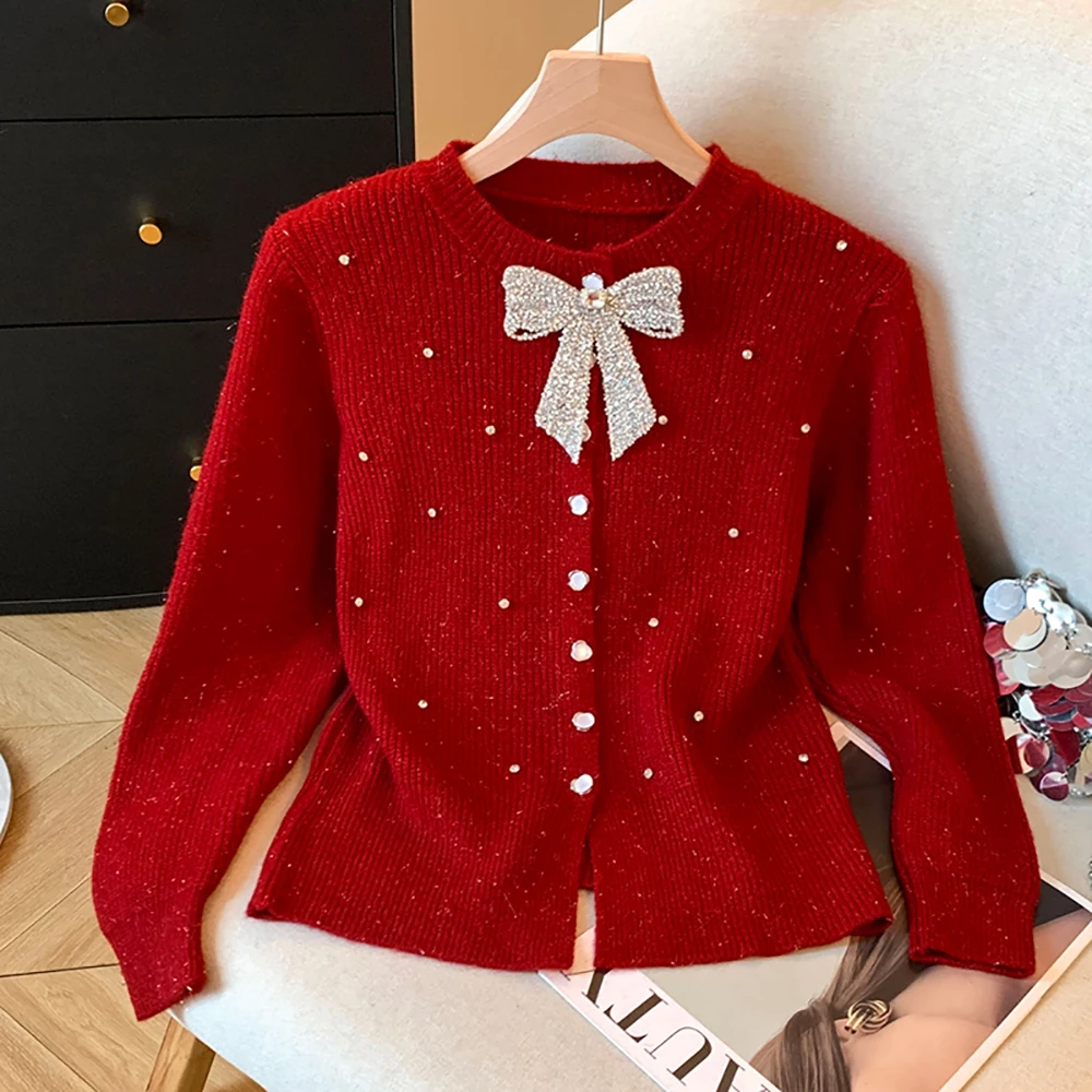 

Women Shiny Diamonds Bow Knit Cardigans French Style Design Blingbling Single Breasted Versatile Sweater Christmas Top Outerwear
