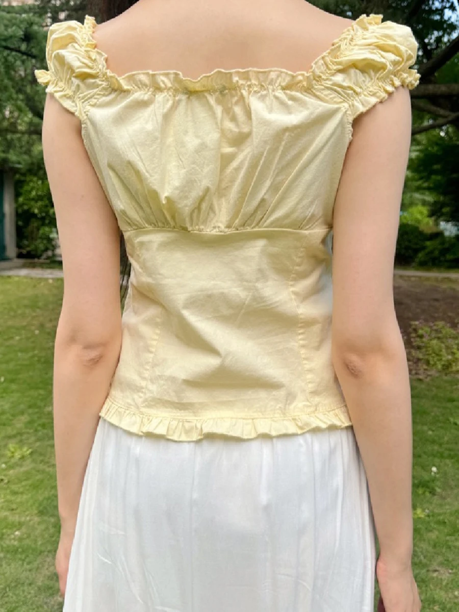 T-shirt chemisier plissé jaune pour femmes, col en V à volants, simple boutonnage, manches bouffantes, chemises décontractées simples et douces, été