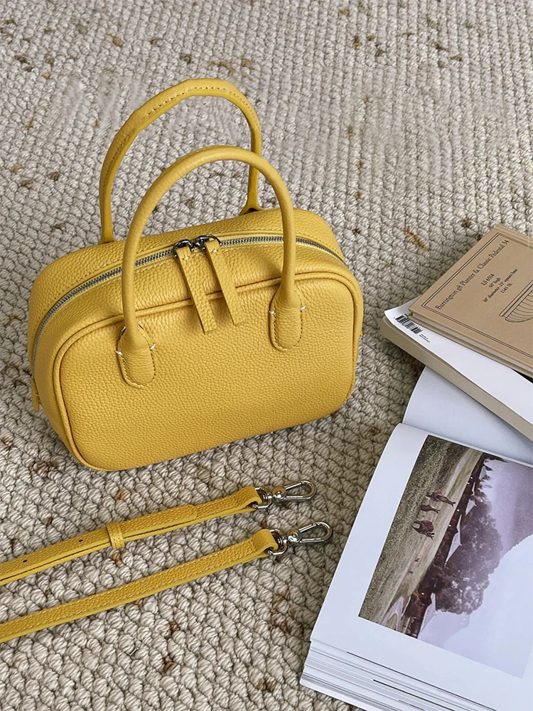 

Yellow Leather Bowling Bag Women's 2025 New Luxury Small ence High-End Feel Handbag oulder Crossbody Boston Bag