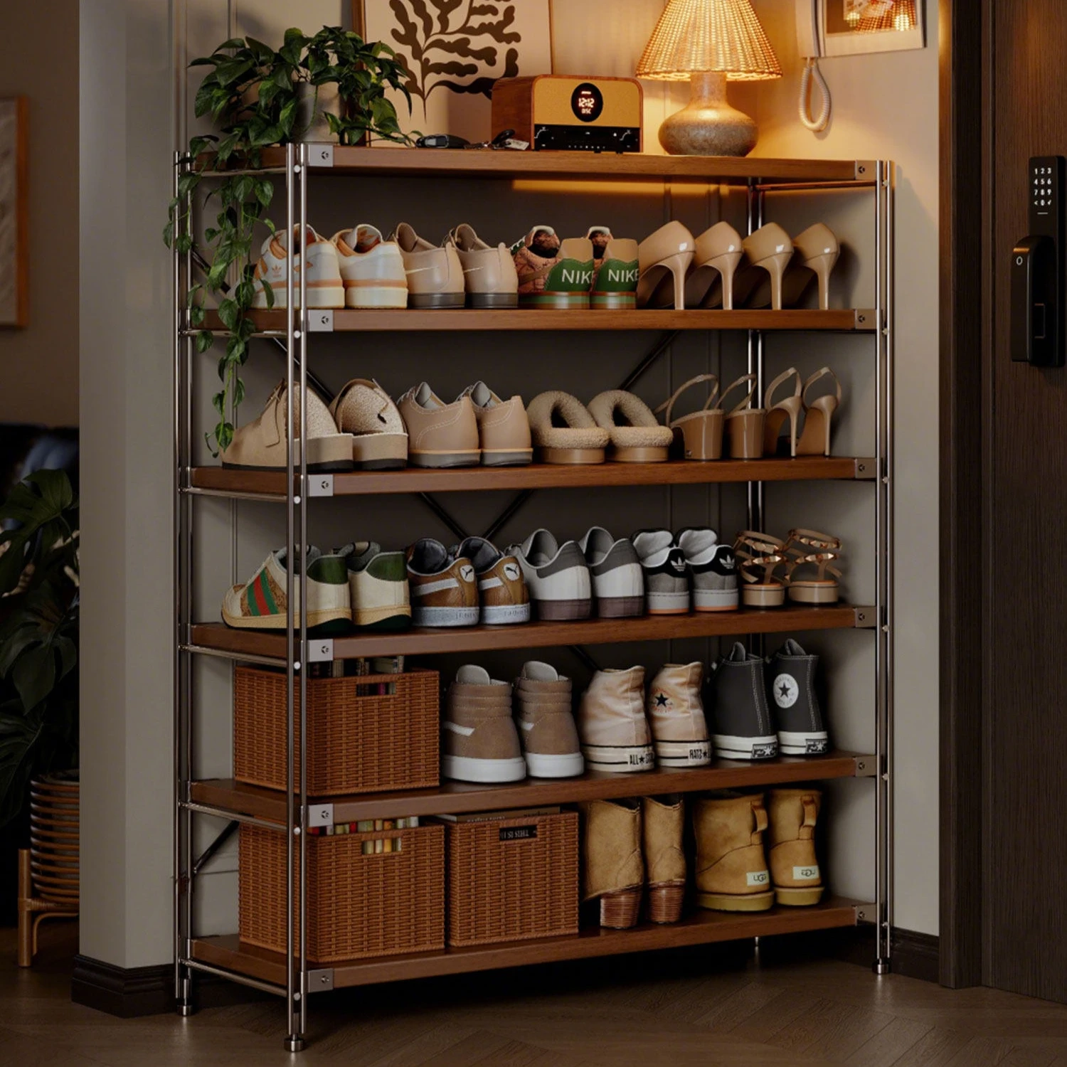 Japanese Style Carbon Steel Multi-tier Shoe Rack Chinese Retro Entryway Hallway Storage Cabinet For Small Household Space
