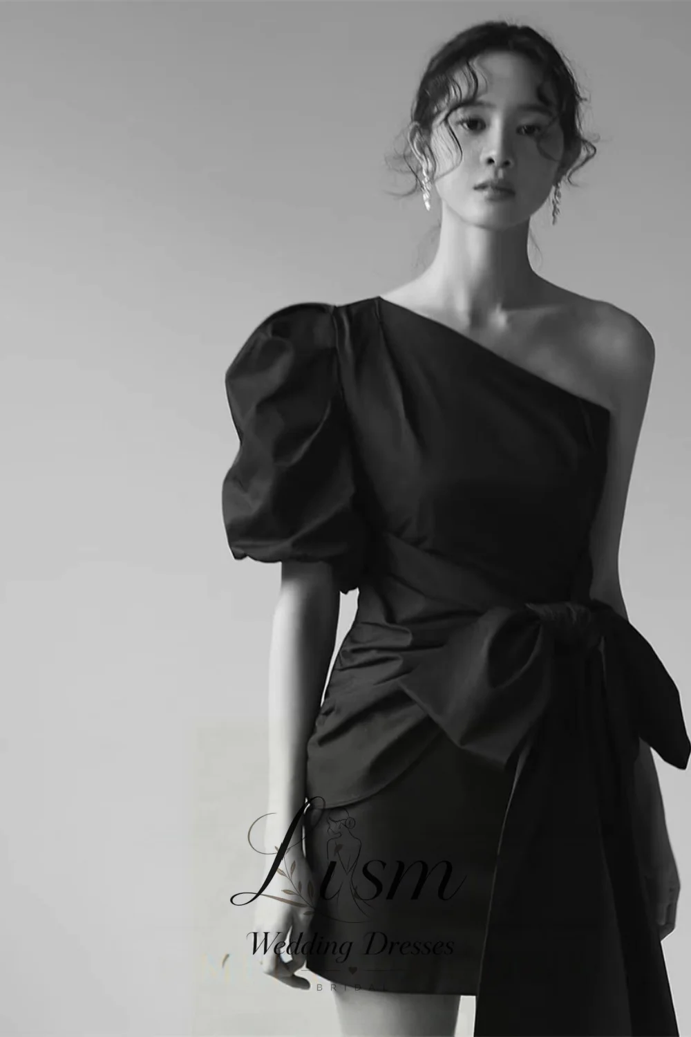 Lism Pleat Bow One-Shoulder Short Prom Dress Slanted collar Short Sleeves Mini Birthday Party Dress Summer Dresses Customized