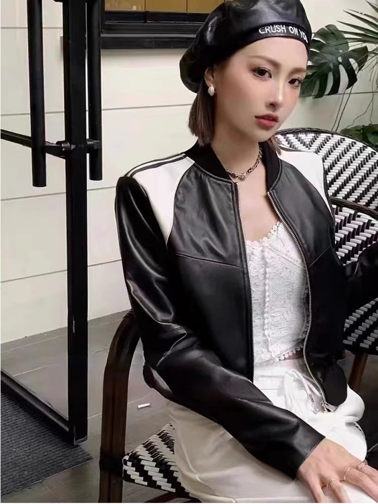 2023 Genuine Women Sheepskin Coat Fashion White Black Splicing Real Leather Jacket Spring Autumn New Outerwear Streetwear