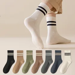 5 Pairs Of Men's Autumn Mid Tube Socks With Black And White Striped Sports Breathable Sweat Wicking Comfort Meias EU 38-44