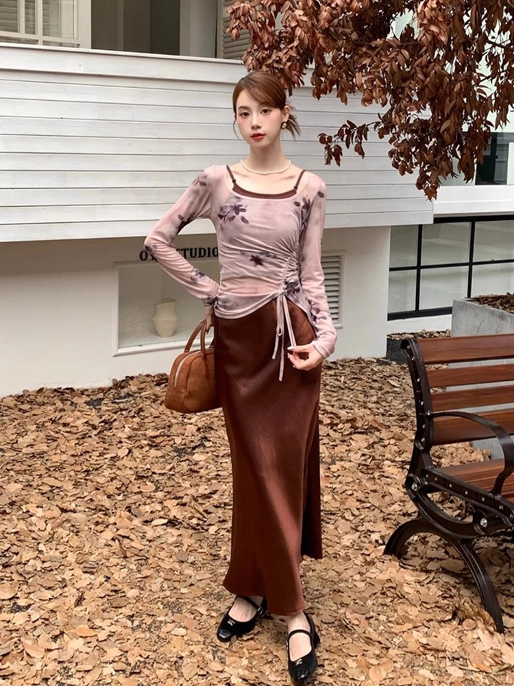 

Chic Autumn New Vintage Inner Wear Strap Top Dyed Print Silk f Skirt Women Tee-piece Set Commute Sle for Adults