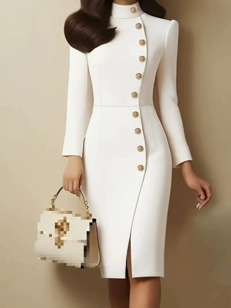 

Slim Fashion Dress Solid Color Spring Autumn Temperament Commuter Style Vestidos Long Sleeves Stand Collar Slit Woman Clothes