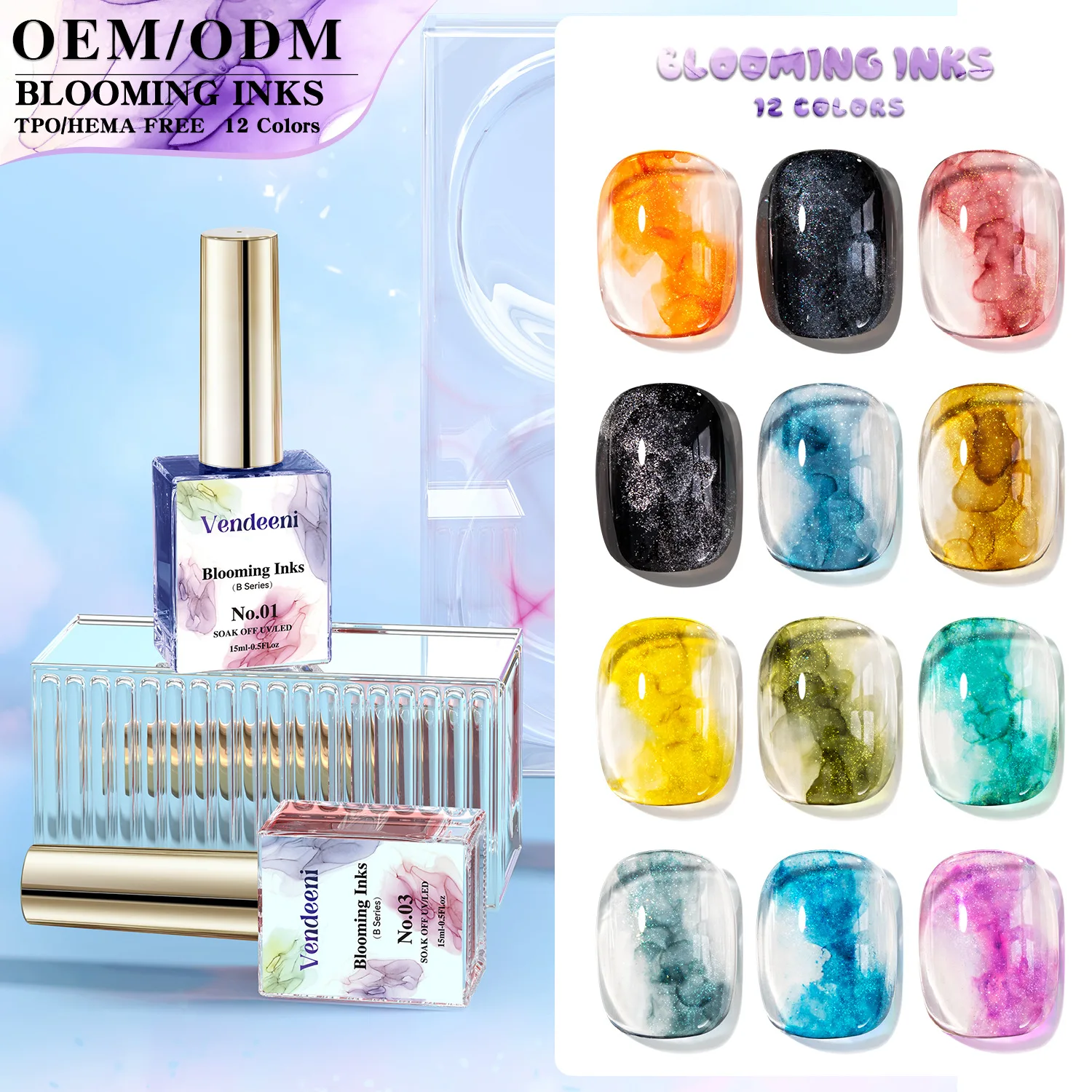 Esmalte em gel 12 cores 15ML com efeito marmorizado, líquido metálico, perolado, iridescente, bronze espelhado, efeito aquarela para design de unhas.