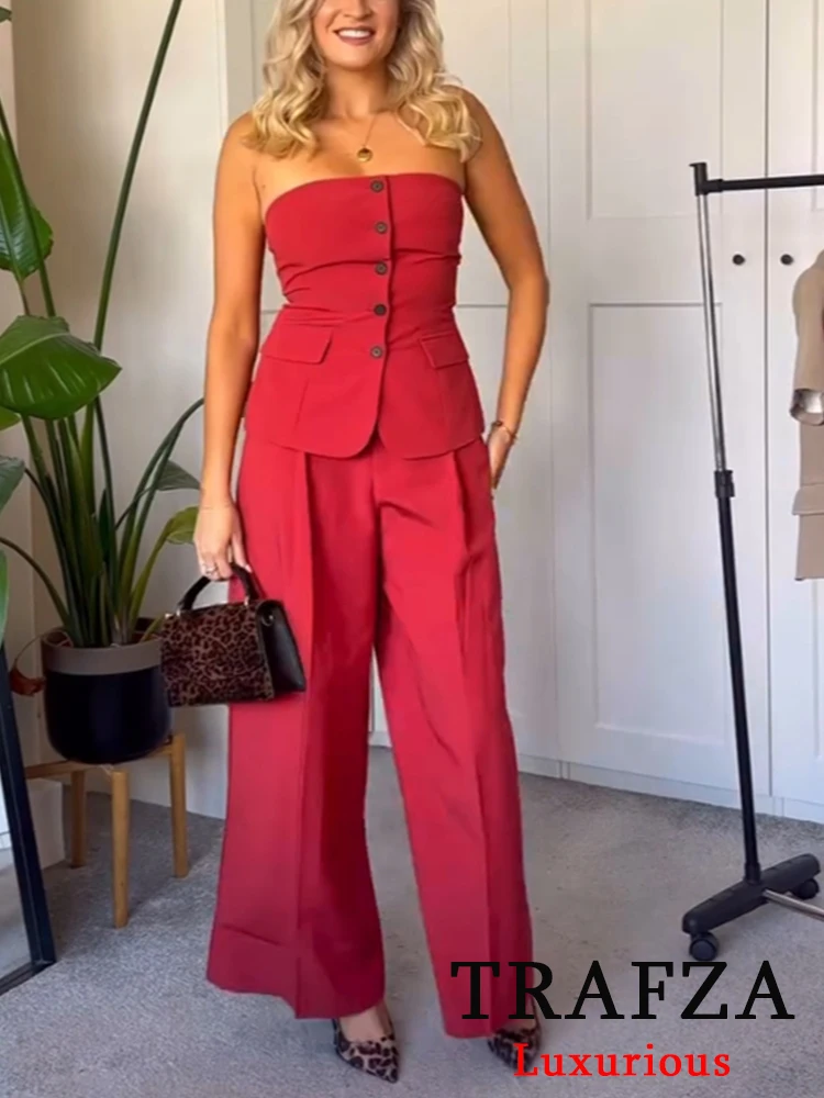 

TRAFZA Sexy Casual Chic Red Women Suit Single Breasted Sleeveless Tube Top Loose Long Pants New Fashion 2025 Summer Vibrant Sets