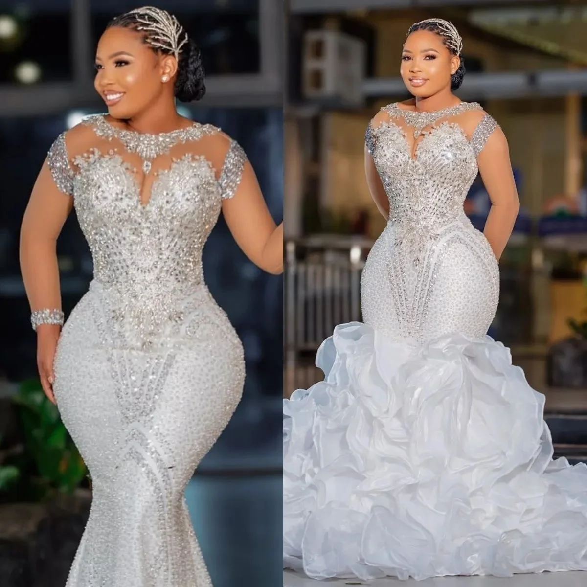 

Customized African Wedding Dress Bridal Gowns For Bride Mermaid Illusion Sheer Long Sleeves Appliqued Beaded Lace Detachable