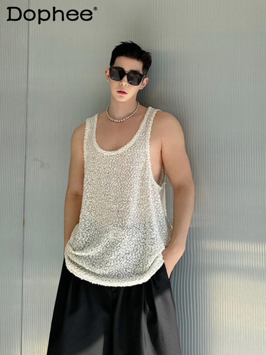 

2024 Summer High-End Thin Sequin Knitted Vests Men's Fashion Trendy Male Tops Sleeveless Solid Color Loose Comfort Men's Clothes