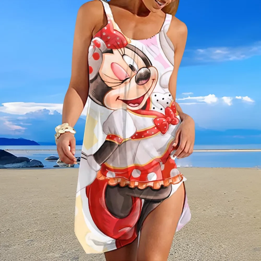

Disney Cartoon Pattern Printed Round Collar Design Sleeveless Women's Dress Summer Comfortable Suspender Knee-length Beach Skirt