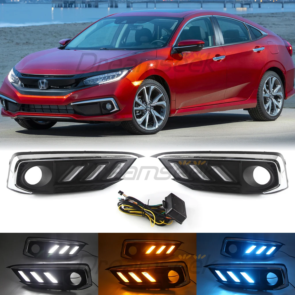 

3 Color LED Daytime Light For Honda Civic Sedan Coupe 2019 2020 2021 DRL Bumper Fog Lamp Cover With Turn Signal Car Accessories