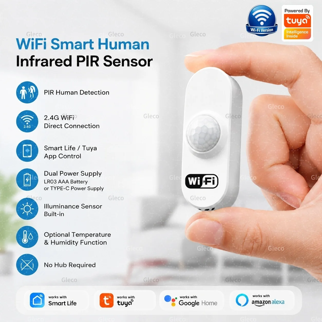 Image of TUYA WiFi Smart PIR-Bewegungssensor mit Lichtdetektoroption, Temperatur- und Feuchtigkeitserkennung, Smart Life Sicherheitsalarm-Automatisierung