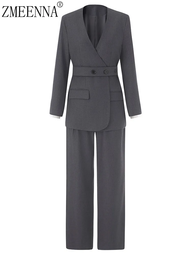 

ZMEENNA Женский костюм с v-образным вырезом, пиджаком с поясом и широкими брюками, деловая одежда из двух предметов, карьерный наряд ZM3944
