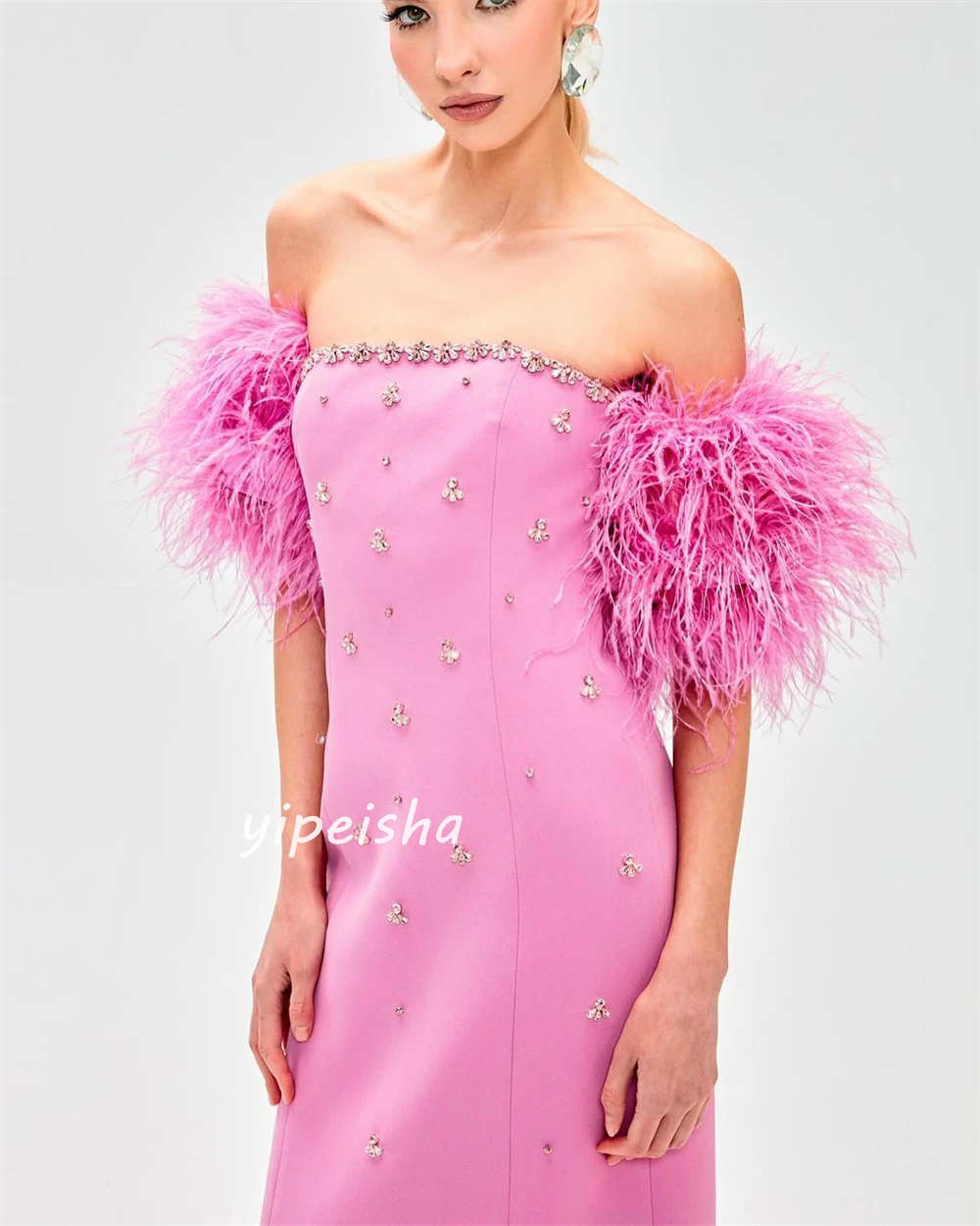 Jersey Sequined Feather Ruched Birthday A-line Off-the-shoulder Bespoke Occasion Gown Long Dresses