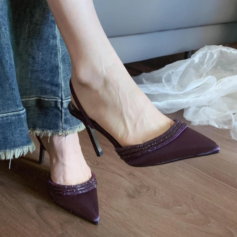 2025 New Purple Crystal Trim Women's Sandals Fashion Satin Pointed Toe Slingback Pumps Elegant Party Banquet Thin Heels Slippers