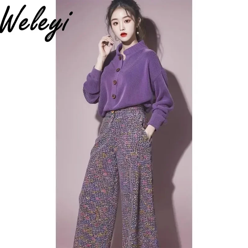 Kawaii Spring Suit New Womans Clothing 2024 High Grade Super Nice Temperament Purple Shirt Wide Leg Casual Pants Two Piece Sets