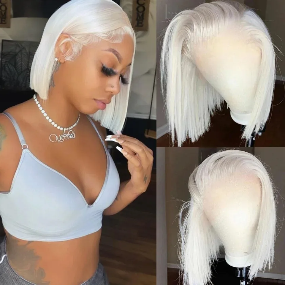 13x4 Transparent Lace Frontal Wig Color White Platinum Ash Blonde Straight Bob Lace Front Wig Synthetic Pre Plucked