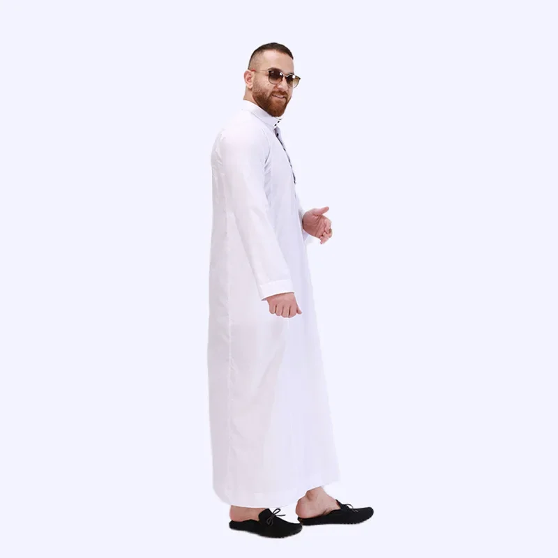 Jubah pria Muslim poliester jubah Qatar kerah berdiri desain saku Arab pakaian Pria Timur Tengah mode Muslim Arab