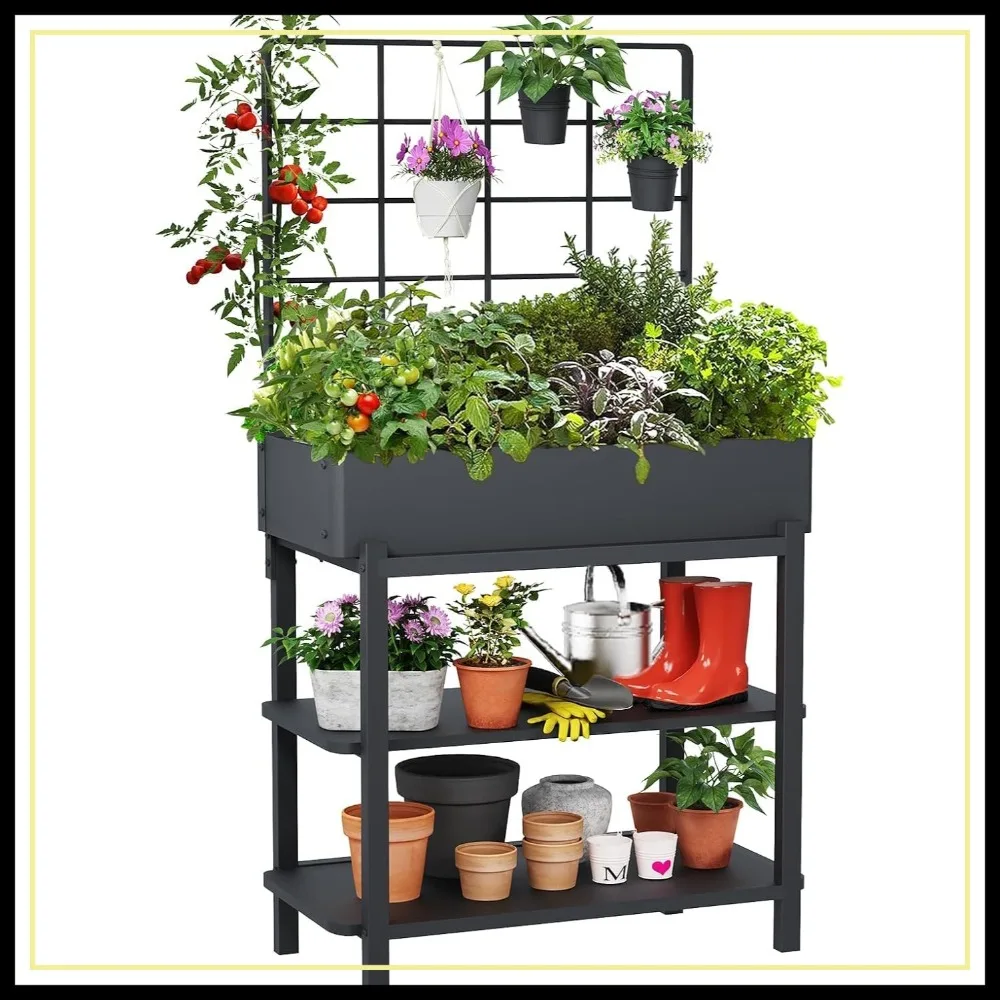 

Metal Raised Garden Bed with Trellis & 2-Tier Shelf, Elevated Planter Box with Legs, 3 Pots for Patio