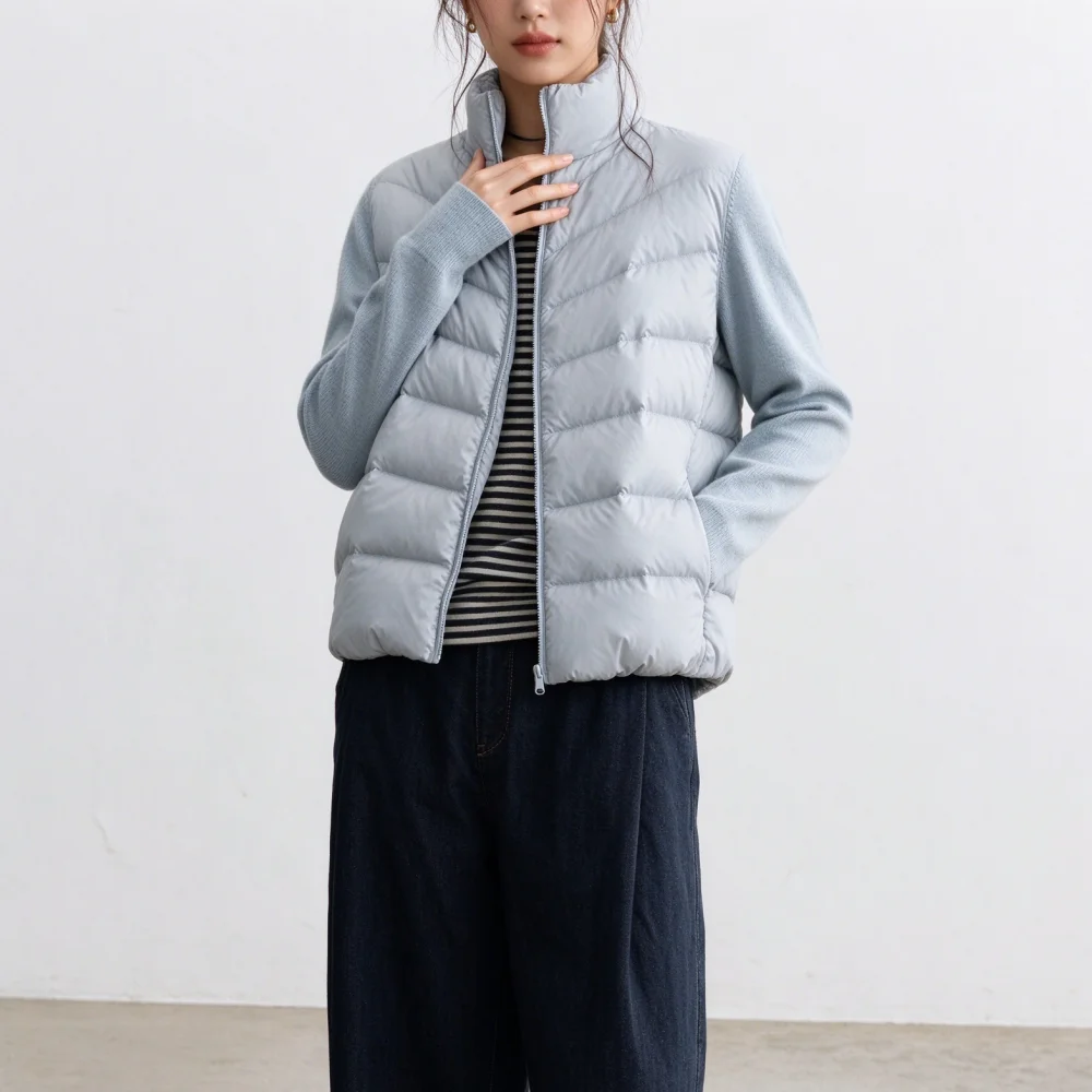 Women‘s Short Down Coat Knitted Spliced Winter Duck Down Jacket Warm Outwear Korean Stand CollarSolid Color Zipper Commuter Top