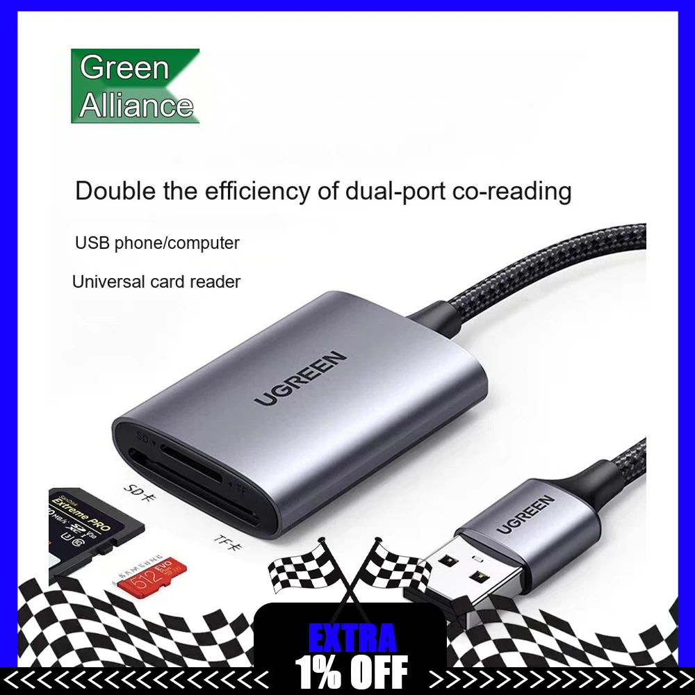 UGREEN 80887 CM401 USB 3.0 SD TF Card Reader 2-in-1 Memory Card Adapter Dual Card Reader for Computer Laptop