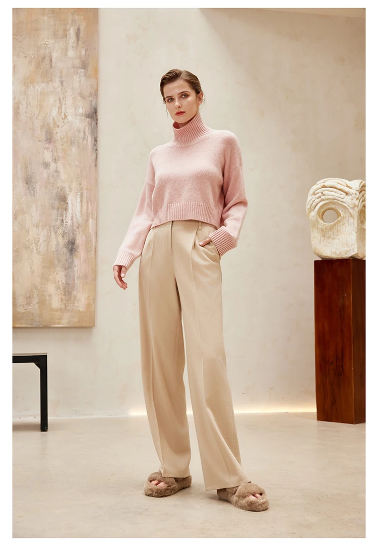 Fengbaoyu Autumn Winter Cashmere Ladies Straight Pants High-end High-waisted Slim Beige Vertical Pants Simple and Smooth Luster