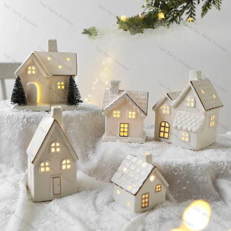 In stock Tree Ceramic Luminous Snow House Scene Arrangement Tabletop Small Ornaments
