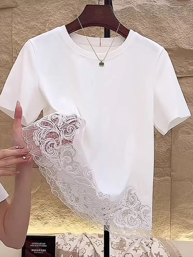 White Lace Trim Short Sleeve Base Shirt Women's Summer Casual Loose High End Feeling Top Pear Shape Fit round Neck T-Shirt