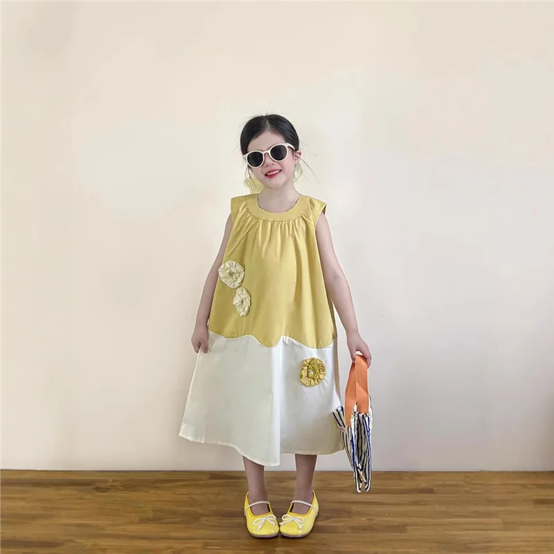 

Корейское модное платье-принцесса с цветовыми блоками, повседневное, с круглым вырезом, без рукавов, летнее, в новом уличном стиле