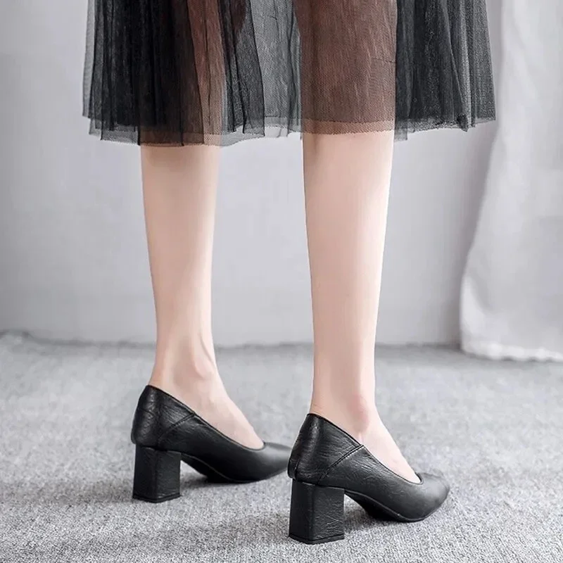 Black Chunky Heeled Women Shoes Square Heel Leather Shoes Pumps Zapatos De Mujer Fashion Designer Office Ladies