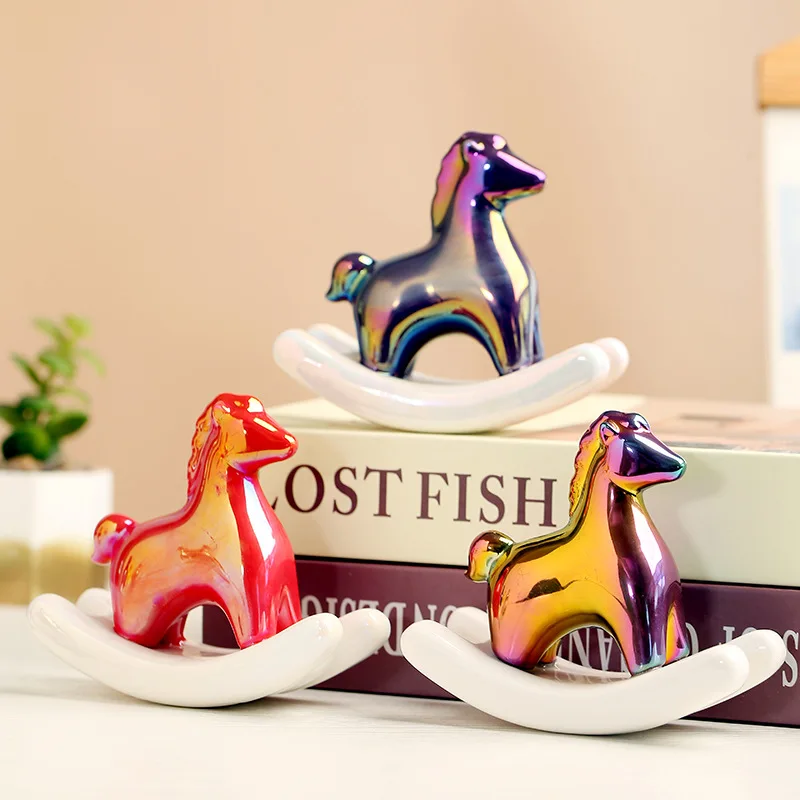 Creative Rocking Horse Ceramic Small Ornaments, Simple Home, Living Room, Office Decoration, Desktop, Tea Pets, Handicrafts