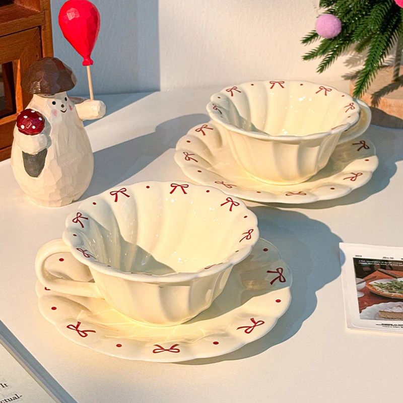 Ceramic Coffee Cup and Dish Set Household Versatile Bow Cups with Handgrip Creativity Underglaze Colour Dessert Flower Disc