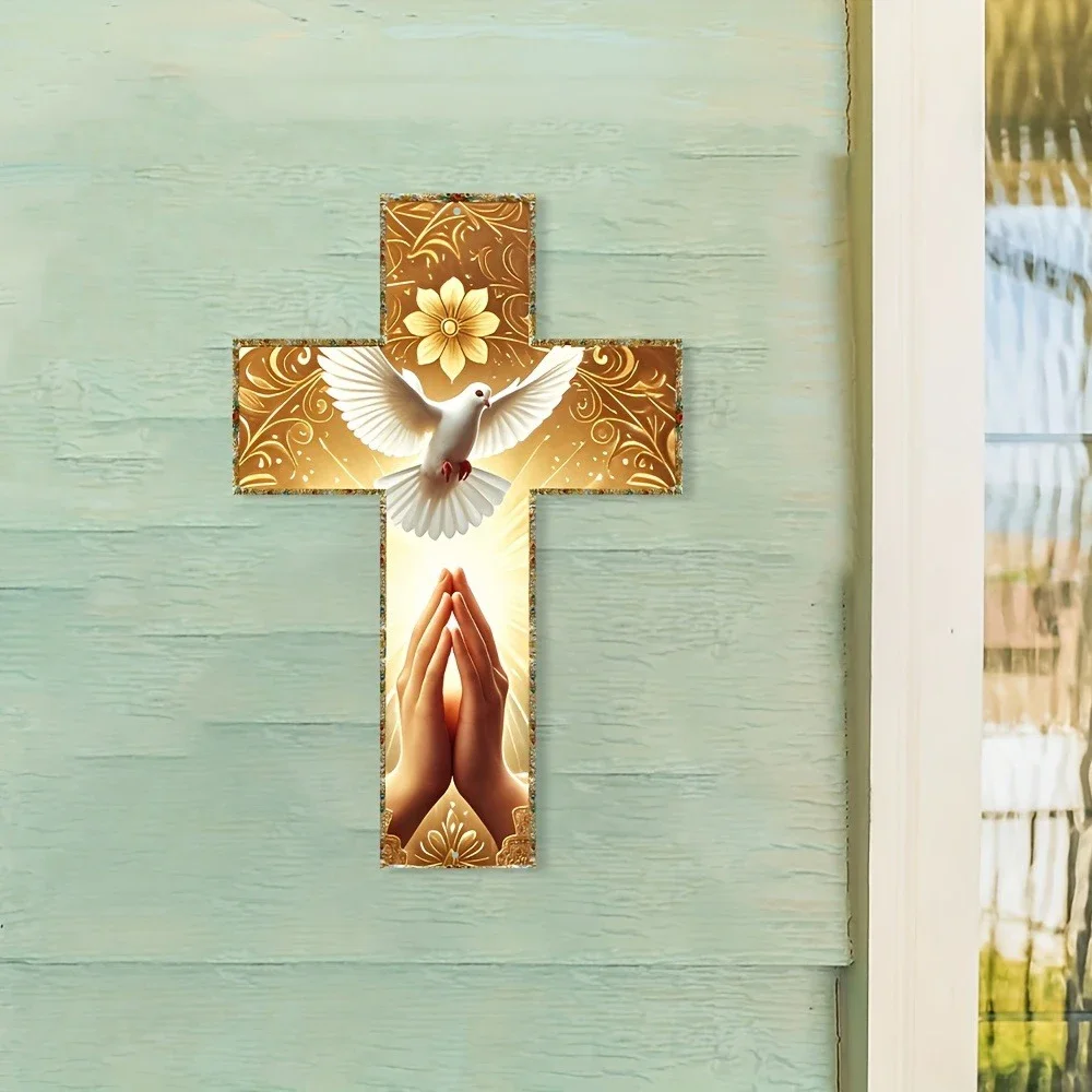 2D Vintage Metal Cross Wall Hanging with Dove and Praying Hands, Suitable for Religious Home Decor in Living Rooms, Churches