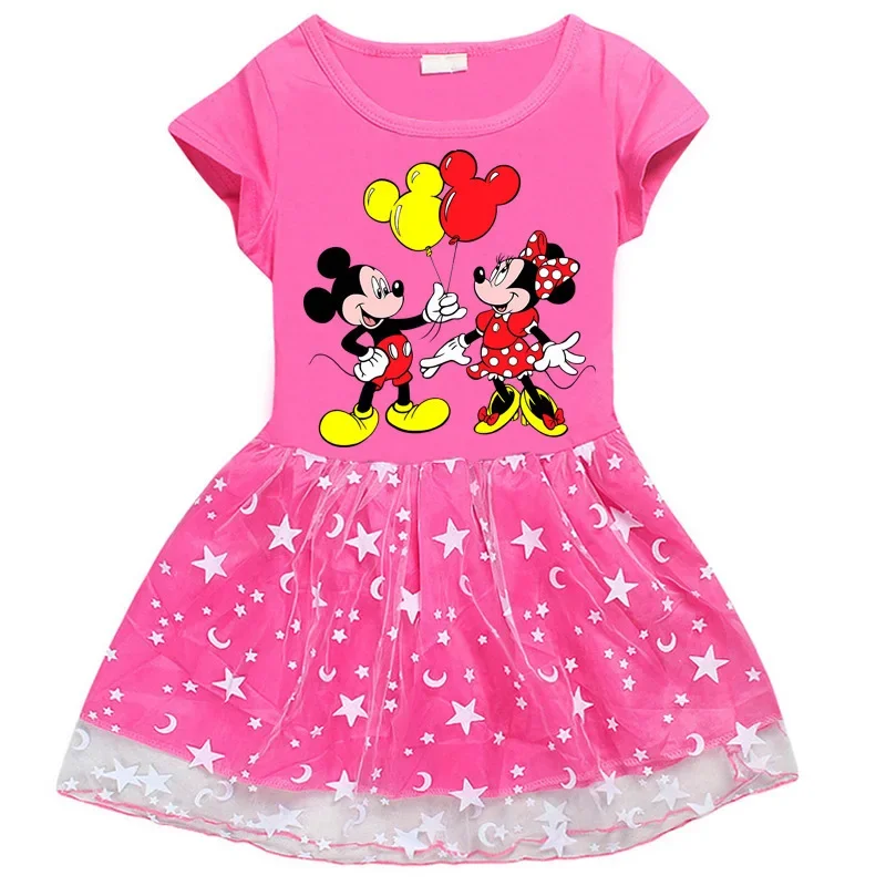 

Disney Mickey Mouse and Donald Duck Girls' Dress Cotton Printed Cartoon Stars and Moon Mesh Short Sleeve Princess Dress
