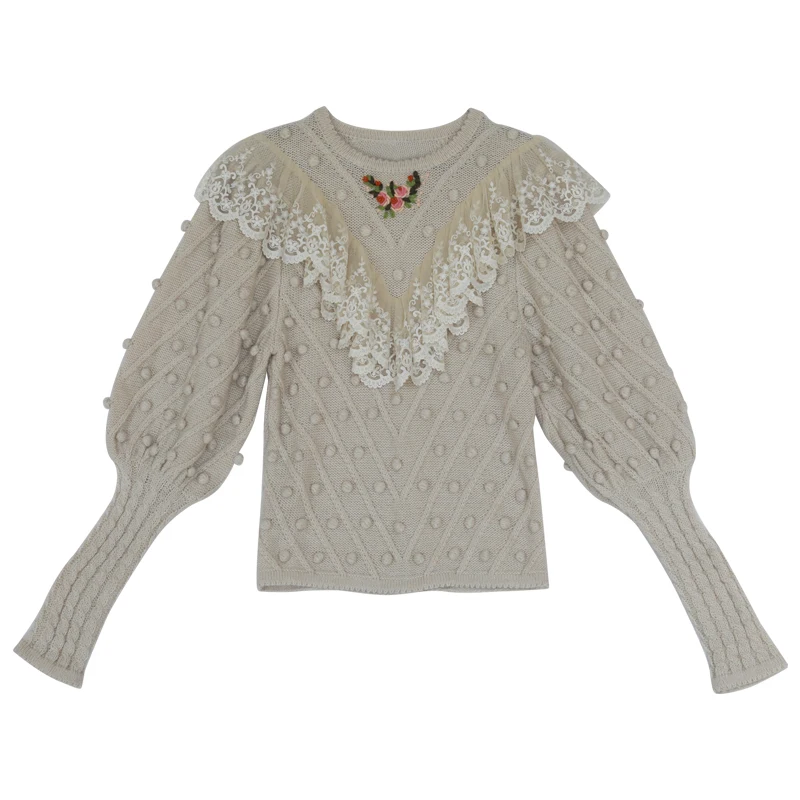 Aigyptos Fallwinter Trui Vrouwen Victoria Kant Handgemaakte Embroidey Stereoscopische Bal Lanternsleeve Wol Gebreide Trui