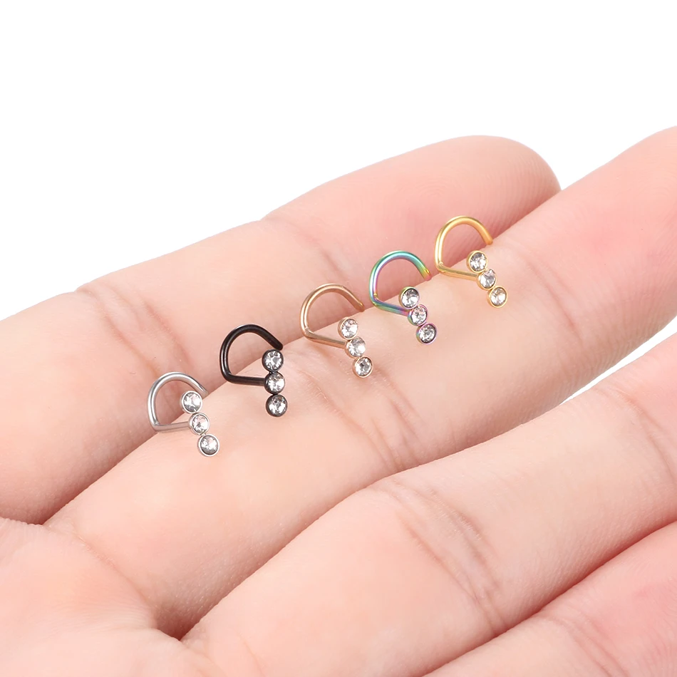 20G 7mm Stainless Steel Nose Wing Piercing Nose Screw Studs 3 Cz Gems Paved Indian Nostril Piercing Body Jewelry Women Punk Gift