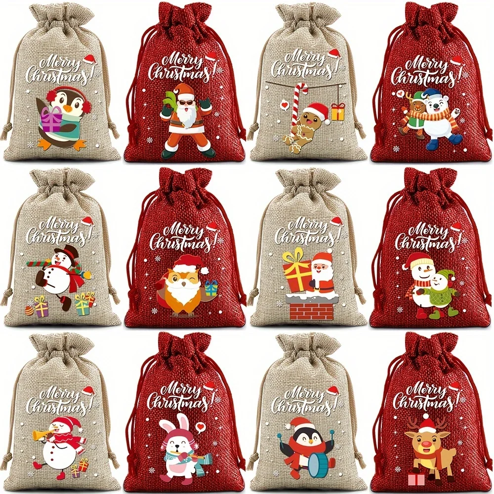 Sacs cadeaux de noël avec cordon de serrage, 12 pièces, sacs en lin pour calendrier de l'avent, sac en tissu, pochette pour biscuits et bonbons